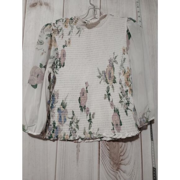 Socialite Blouse Womens XL Floral Chiffon Sheer Sleeve Smocked Top Romantic Boho - Picture 1 of 8